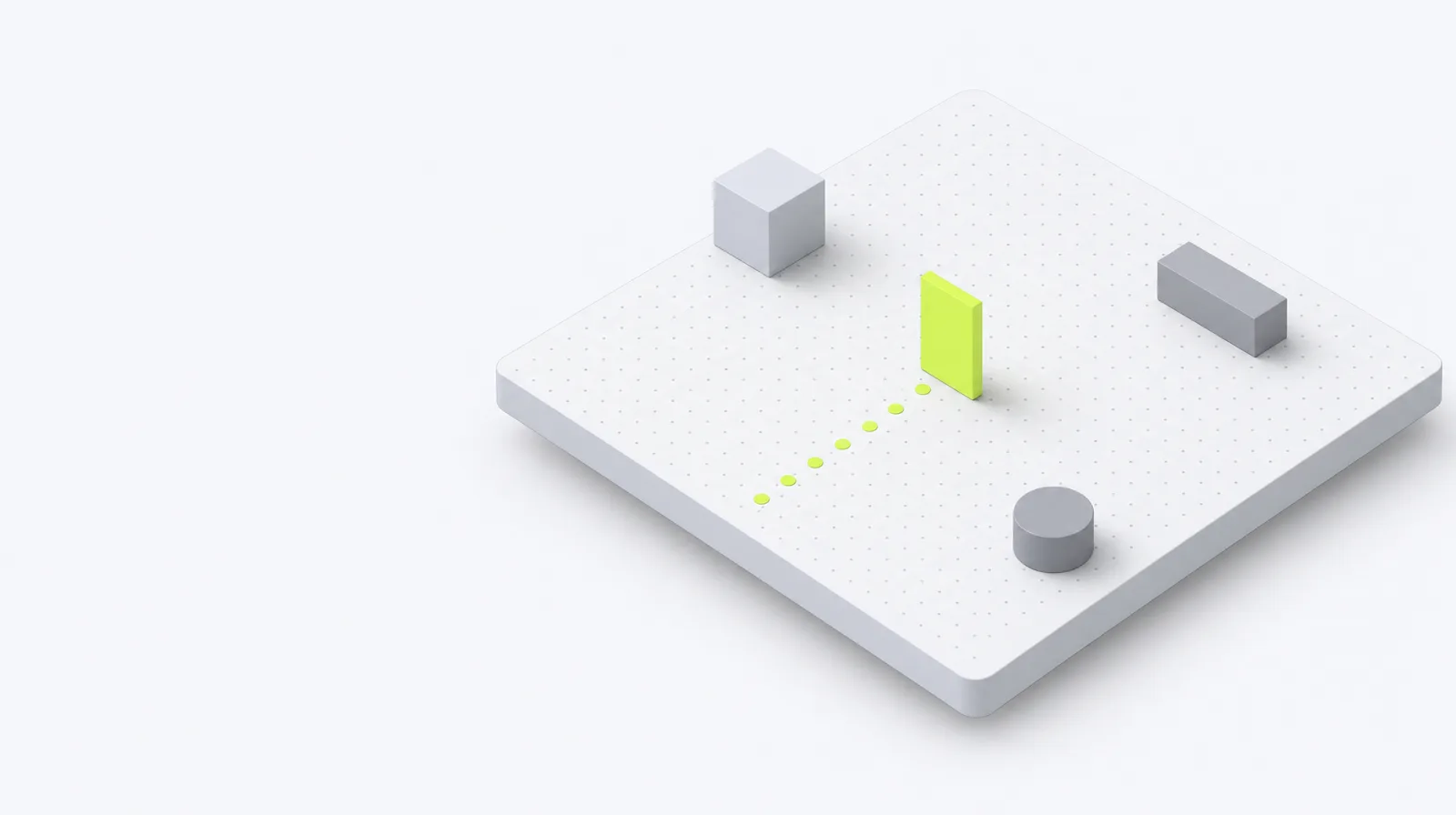 A single lime card standing upright on the platform with a small trail of evenly spaced lime dots behind it, like regular footsteps.