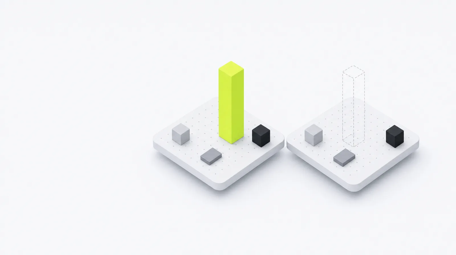 Two platforms side by side: on the first, a lime block stands tall; on the second, the same spot holds only a faint grey outline.
