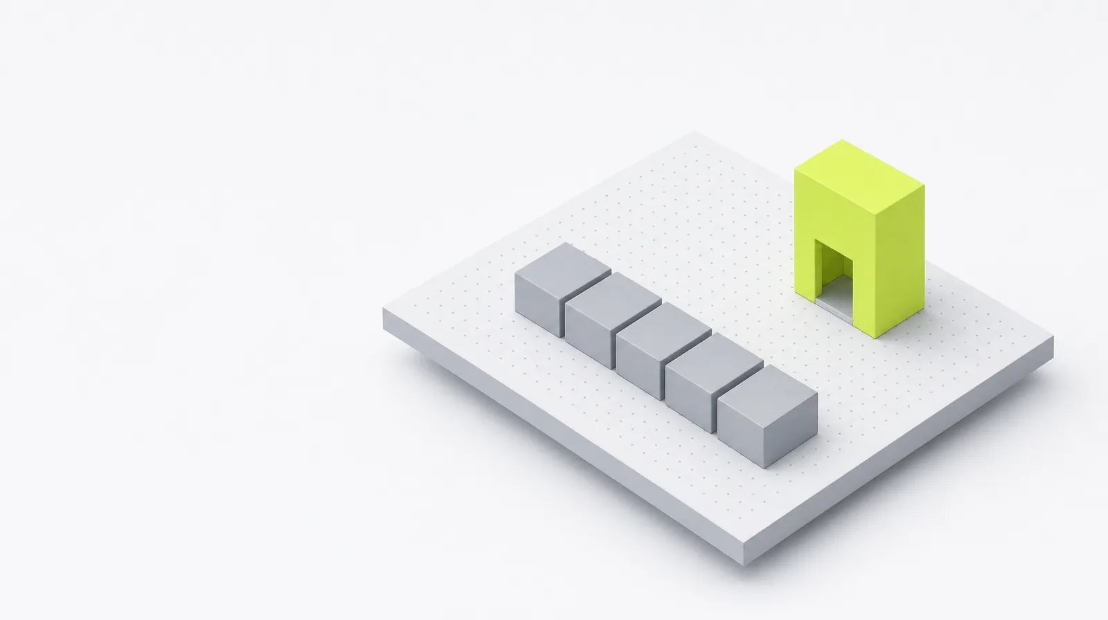 A row of identical flat grey tiles on one side of the platform, and on the other a single taller lime block with a small doorway, like a shop that is open.