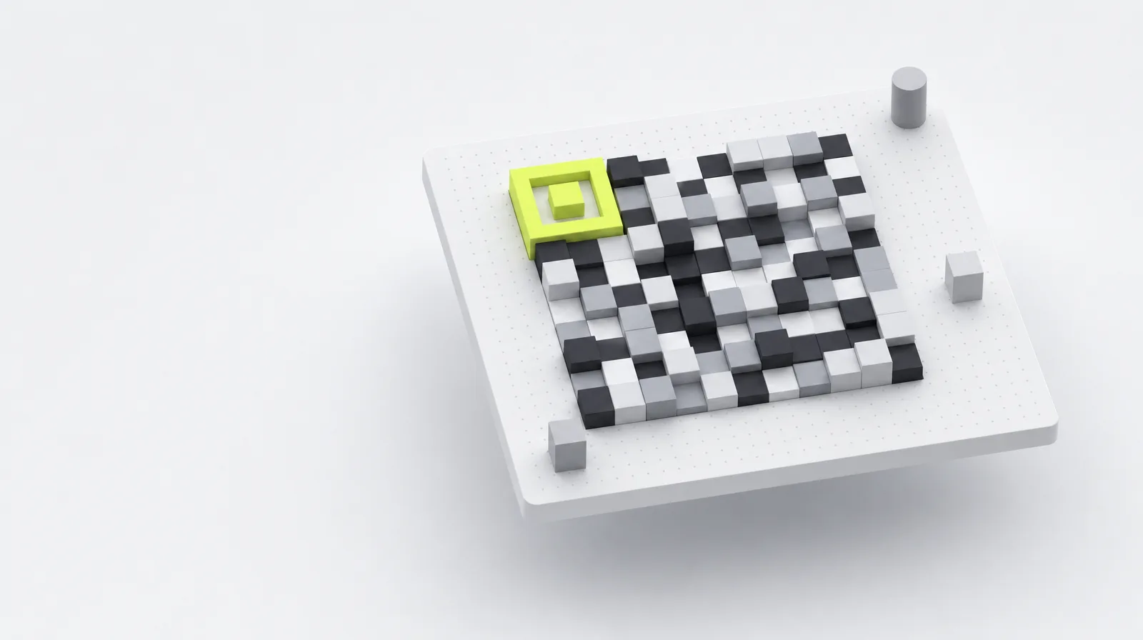 A square tile made of a small grid of raised and lowered cubes, like an abstract code pattern, with one lime corner marker.