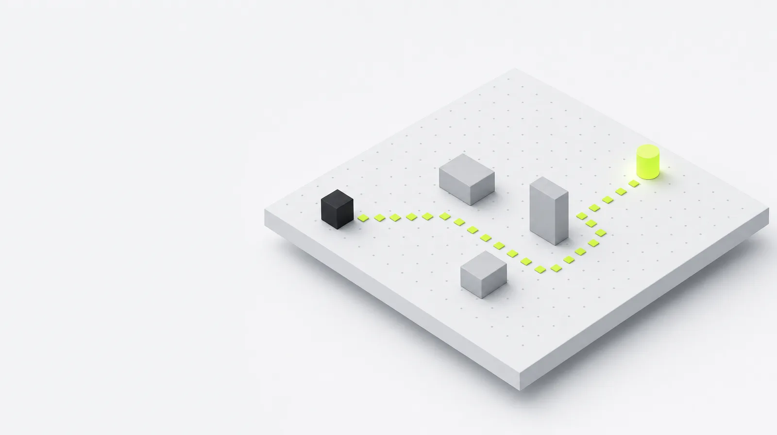 A small ink cube on one side of the platform, a dotted path of tiny lime tiles leading to a glowing lime cylinder, other grey blocks bypassed.