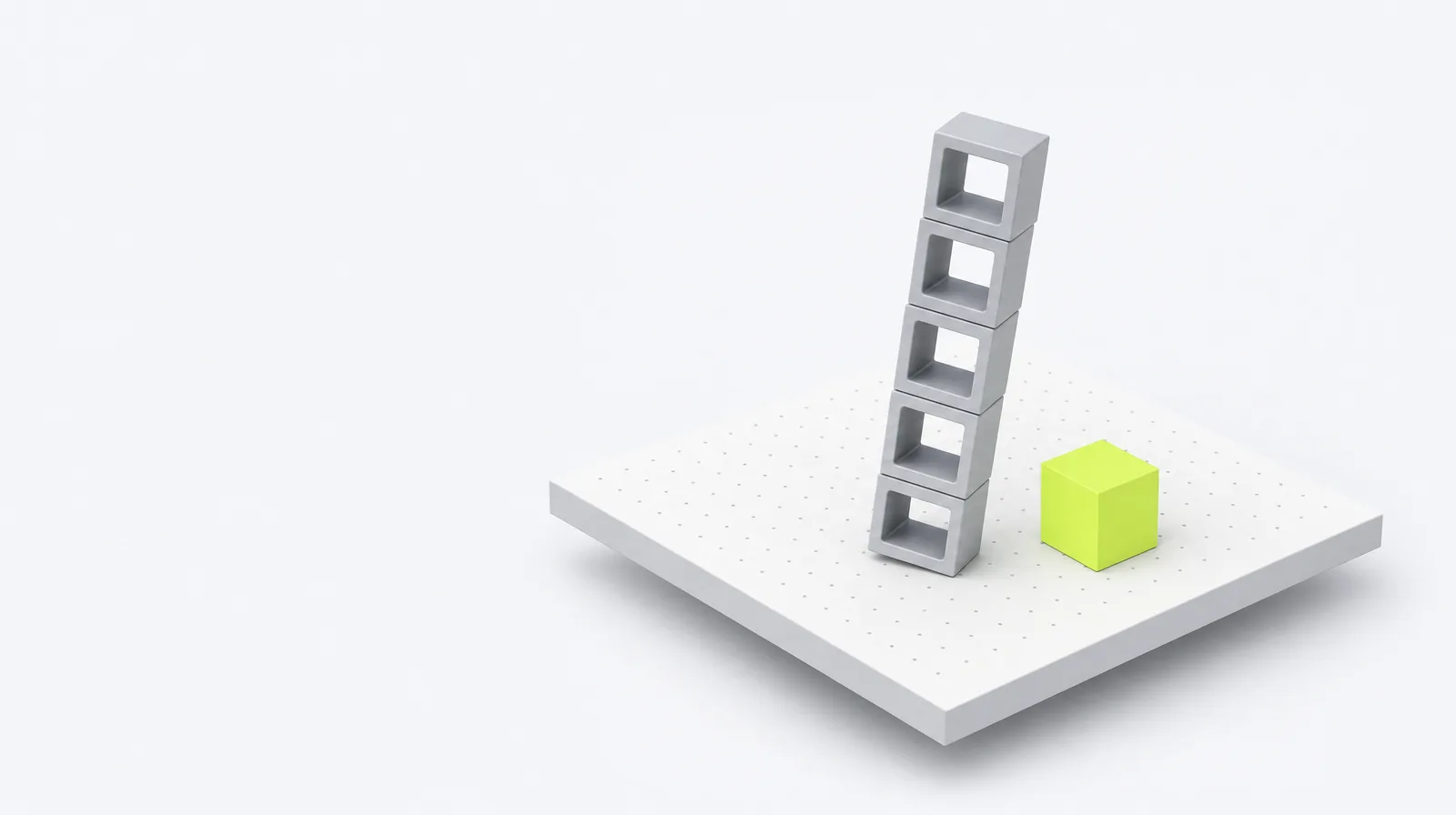 A neat stack of identical hollow grey cubes beside one solid lime cube, the hollow stack slightly tilting as if about to fall.