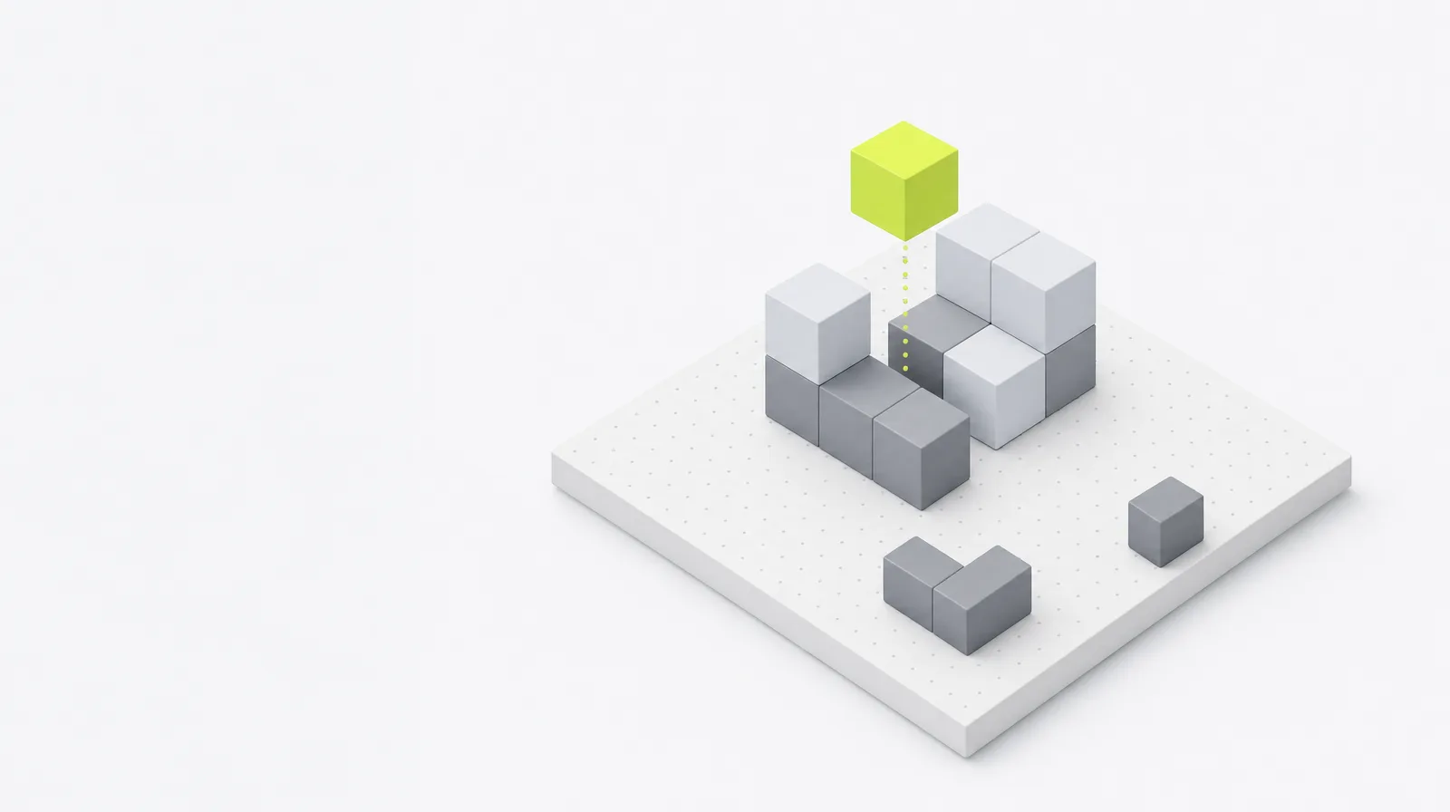 A small structure of blocks with one lime block being slotted back into a gap, a few loose grey pieces lying nearby.