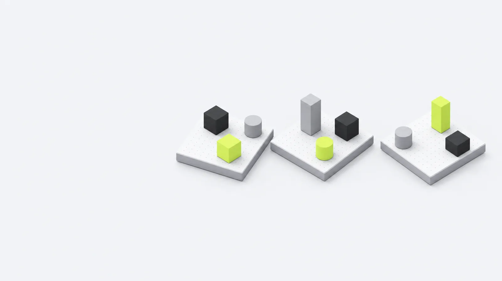 Three separate small platforms side by side, each holding a different arrangement of the same blocks, with a lime block in a different position on each.