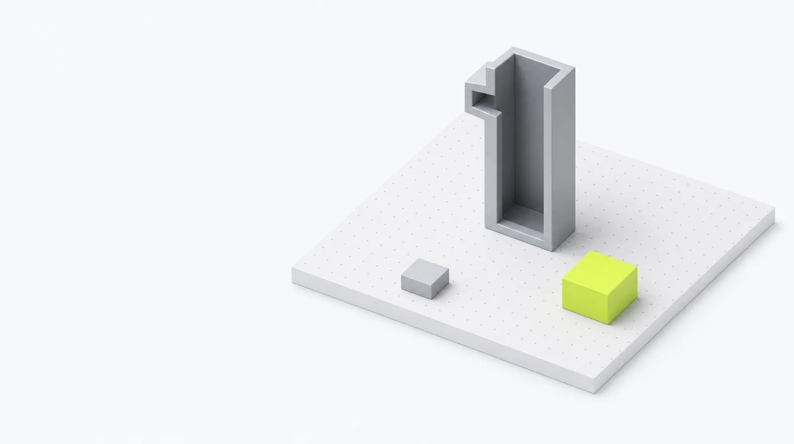A tall shiny podium with a number-one shape removed, standing hollow and grey, while a modest solid lime block sits on the ground beside it.