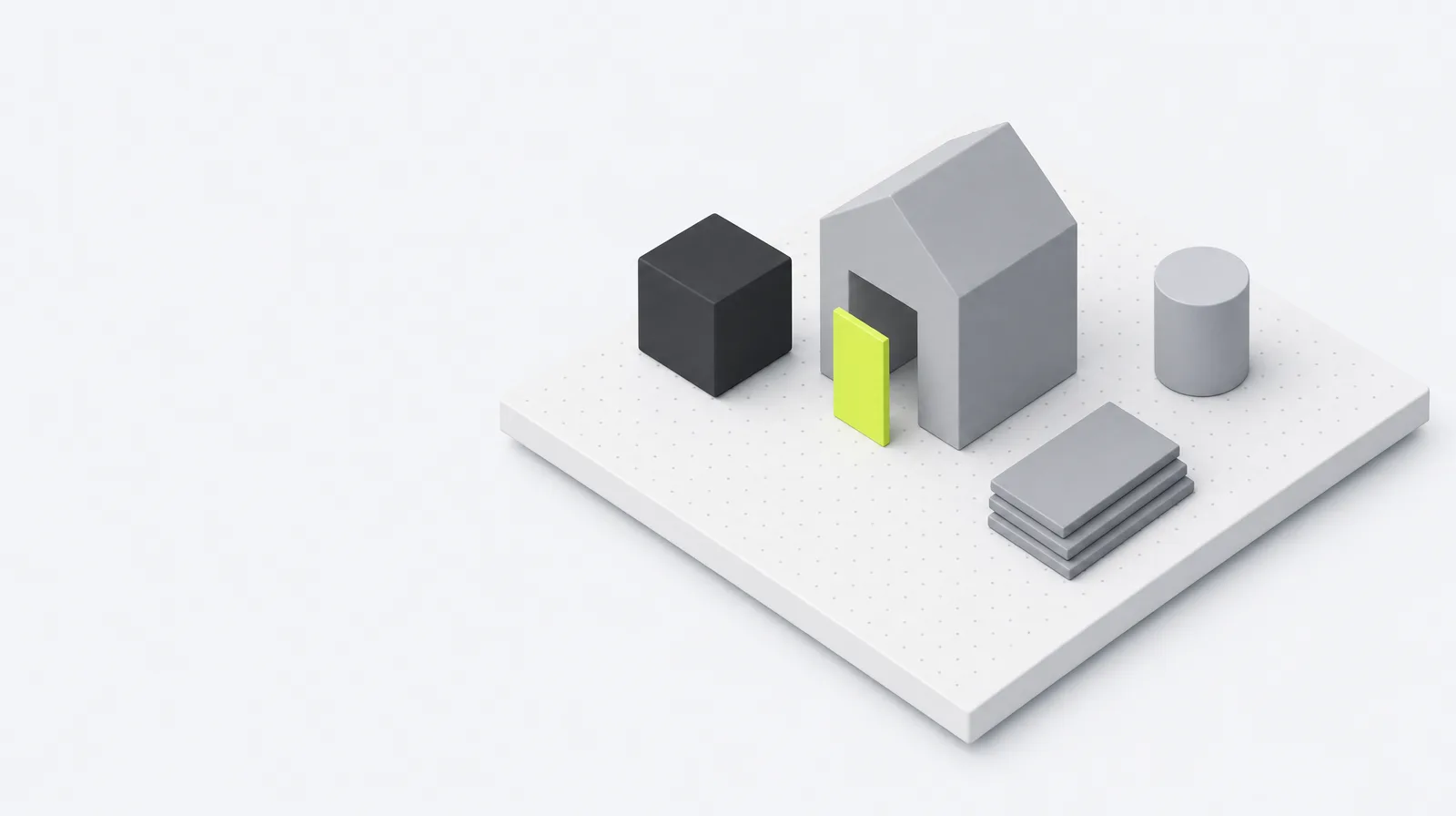 A small lime nameplate standing upright at the entrance of a grey house-shaped block on the platform, with three thin grey slabs stacked beside it like three documents.