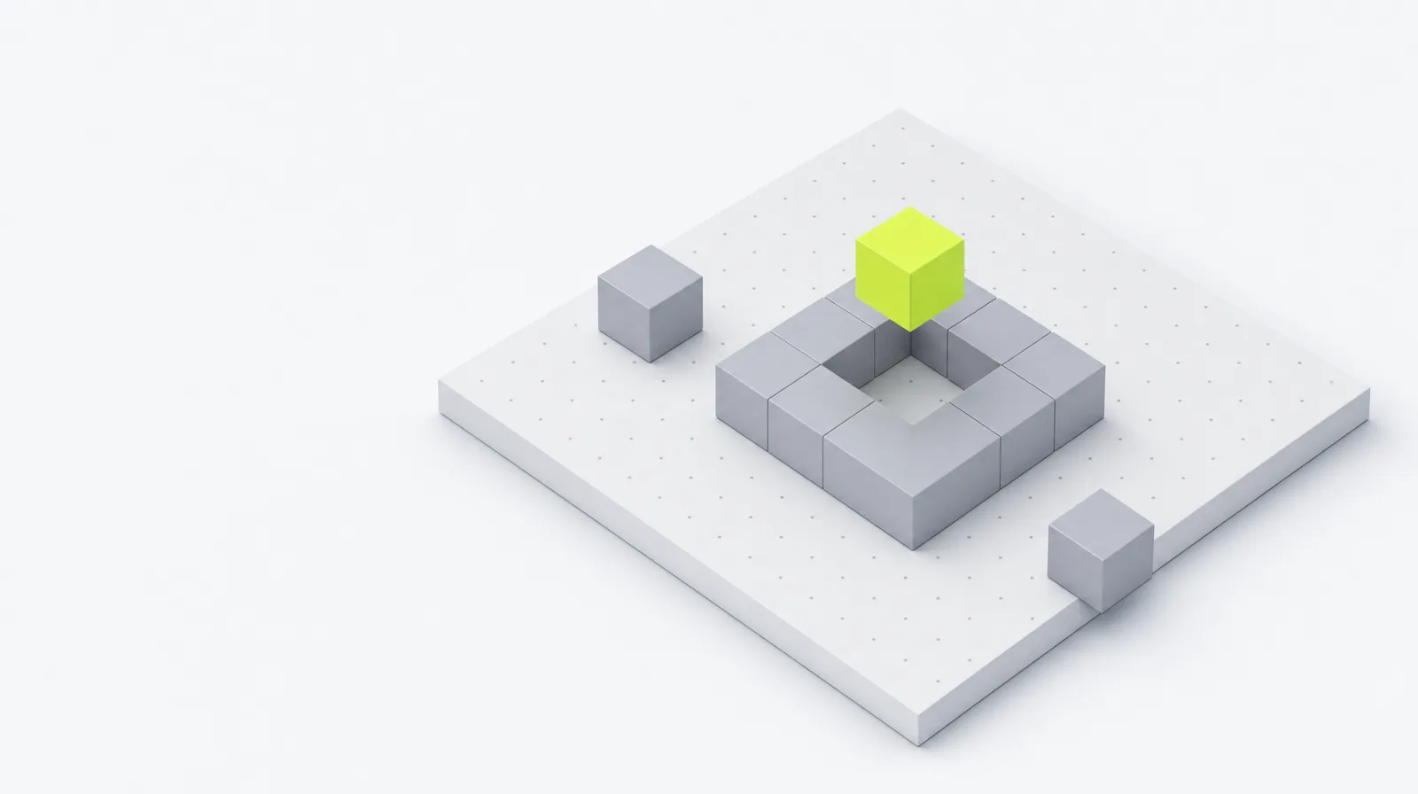 A grid of grey blocks with one empty square gap, and a lime block hovering just above it, about to drop into place.
