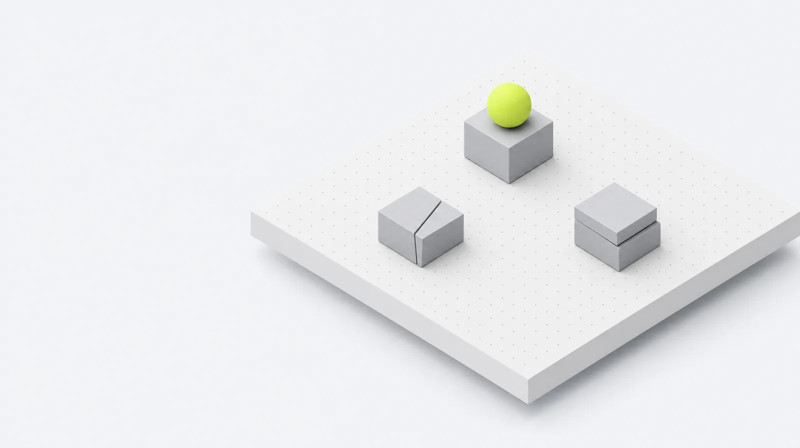 Three small grey blocks each with a slight crack or misalignment, and a lime sphere resting on the one block that sits perfectly level.