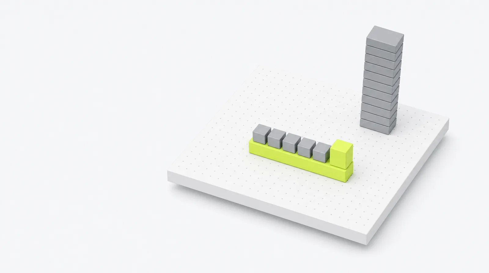 A single wide, low lime block in the centre of the platform with five small grey cubes lined up on top and one taller lime cube at the end of the row; to one side, a grey tower of many stacked slabs, leaning slightly.